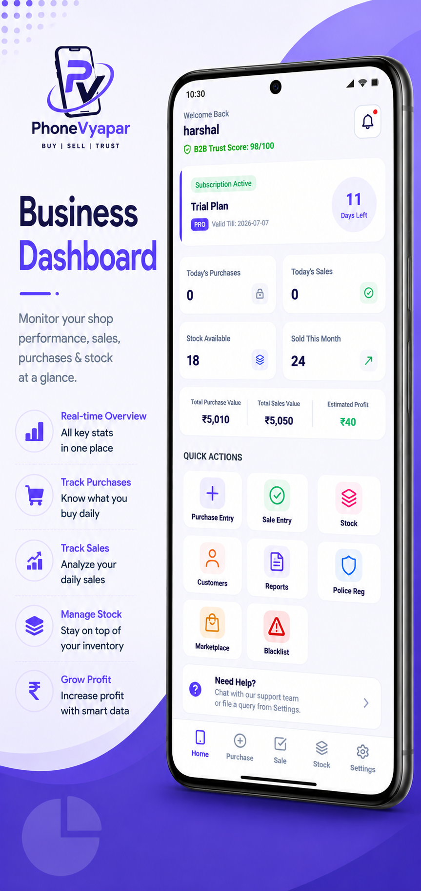 PhoneVyapar App Dashboard